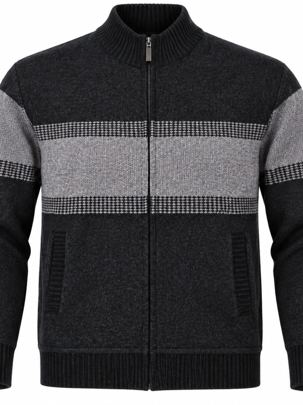 Men's Full-Zip Charcoal and Light Gray Stripe Sweater